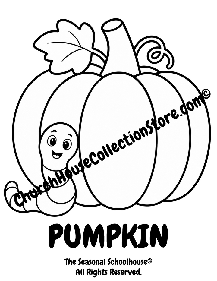 Printable Pumpkin Coloring Page with Wormy featuring a large pumpkin with bold outlines for preschool vocabulary learning, fall classroom activities, harvest themes, and early literacy.