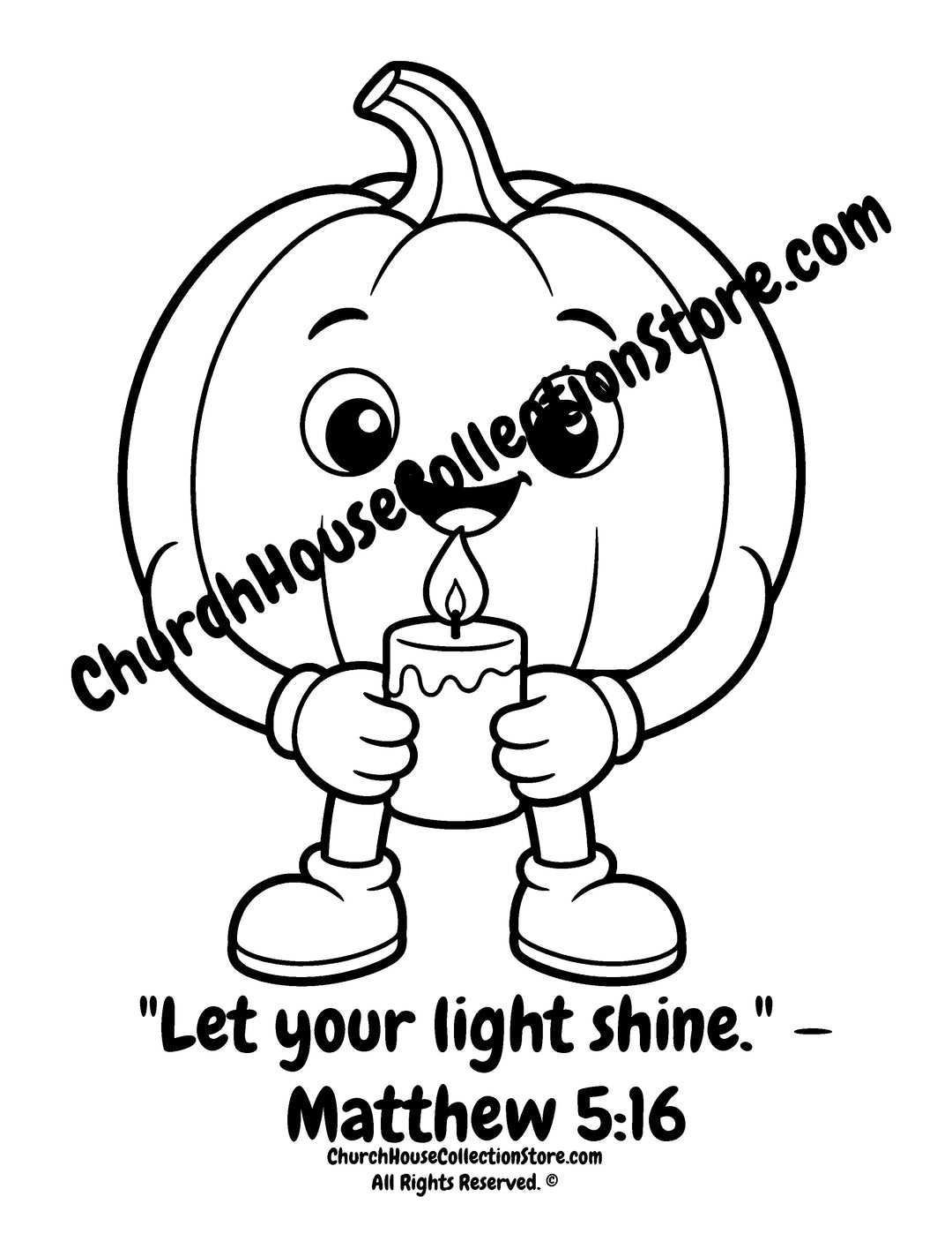Pumpkin Let Your Light Shine Christian coloring page featuring a smiling pumpkin holding a candle with Matthew 5:16 for preschool kids.