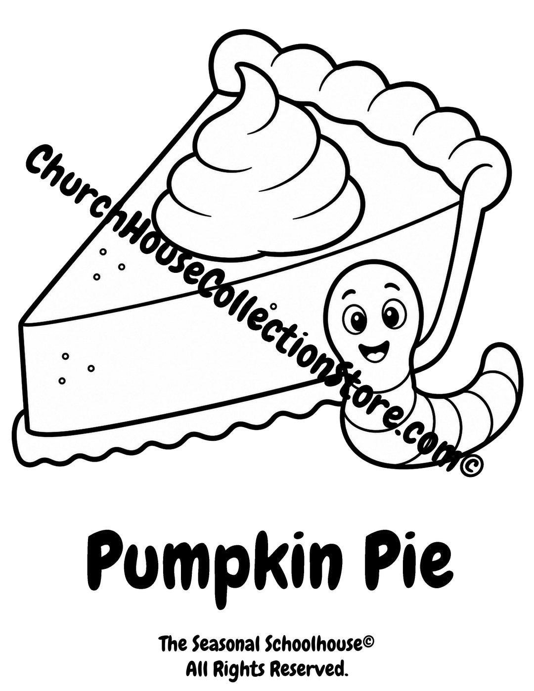 Printable Pumpkin Pie Coloring Page with Wormy featuring a slice of pumpkin pie with bold outlines for preschool vocabulary learning, autumn classroom activities, Thanksgiving themes, and early literacy.