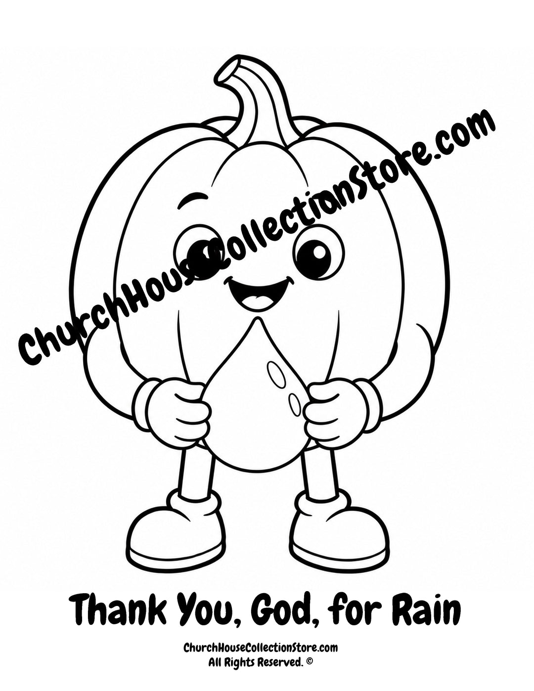 Pumpkin Thank You, God, for Rain Christian coloring page featuring a smiling pumpkin holding a raindrop with Job 5:10 for preschool kids.