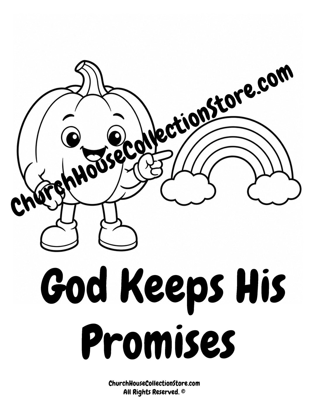 Pumpkin God Keeps His Promises Christian coloring page featuring a smiling pumpkin pointing to a rainbow with Genesis 9:13 for preschool kids.
