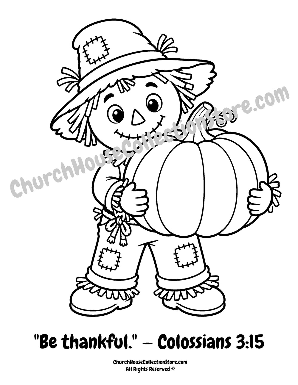 Rusty the Scarecrow holding a pumpkin Fall Coloring Pages Bundle featuring 10 printable Christian preschool coloring pages for Sunday School, homeschool, Thanksgiving, and fall classroom activities