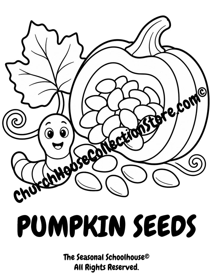 Printable Pumpkin Seeds Coloring Page with Wormy featuring pumpkin seeds and a friendly worm with bold outlines for preschool vocabulary learning, plant life cycle lessons, autumn activities, and early literacy.