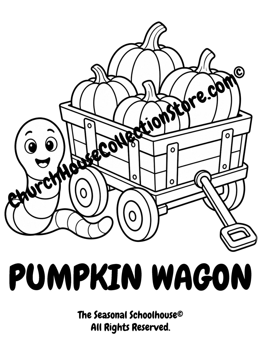 Printable Pumpkin Wagon Coloring Page with Wormy featuring a wagon full of pumpkins with bold outlines for preschool harvest vocabulary learning, autumn classroom activities, farm themes, and early literacy.