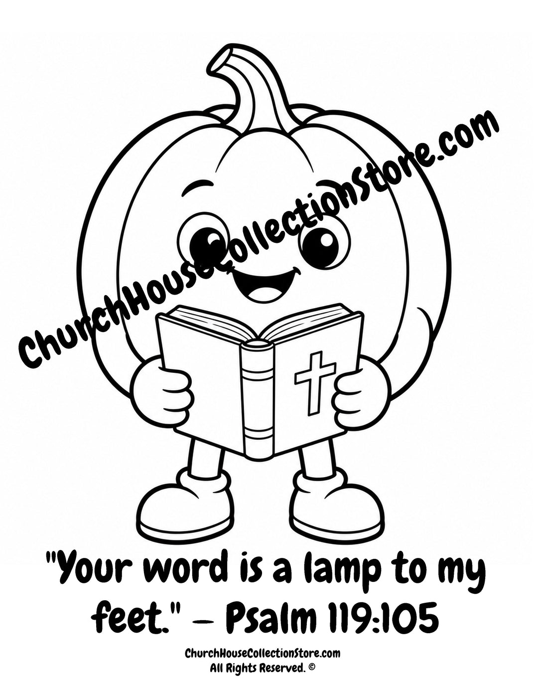 Pumpkin Your Word Is a Lamp to My Feet Christian coloring page featuring a smiling pumpkin holding a Bible with Psalm 119:105 for preschool kids.