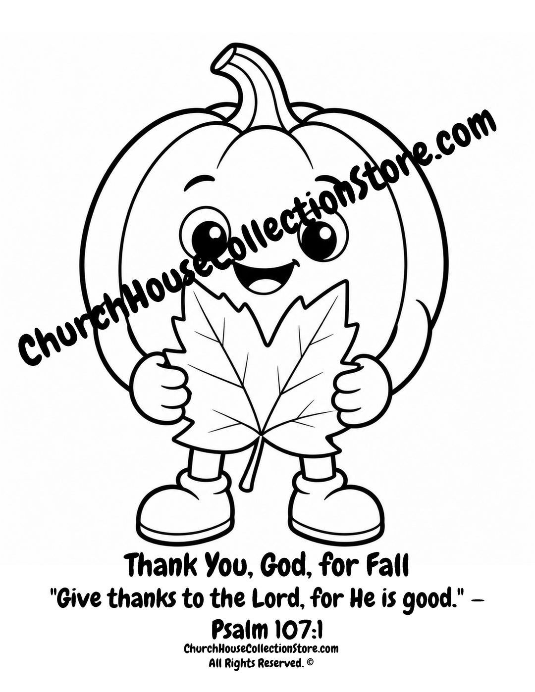 Pumpkin Thank You, God, for Fall Christian coloring page featuring a smiling pumpkin holding a fall leaf with Psalm 107:1 for preschool kids.