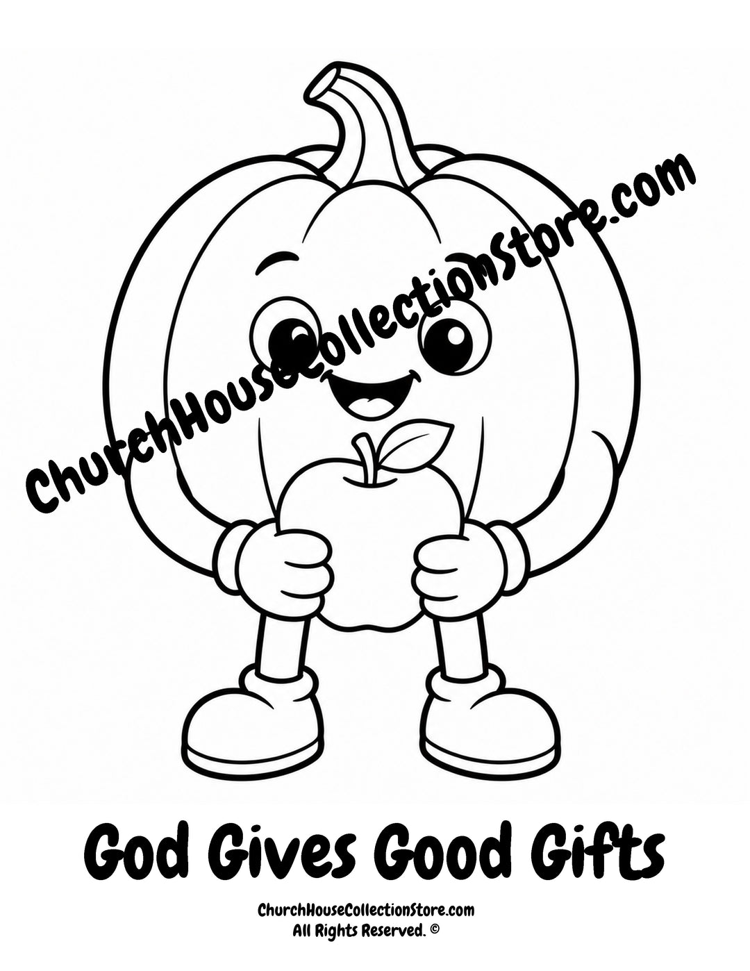 Pumpkin God Gives Good Gifts Christian coloring page featuring a smiling pumpkin holding an apple with James 1:17 for preschool kids.