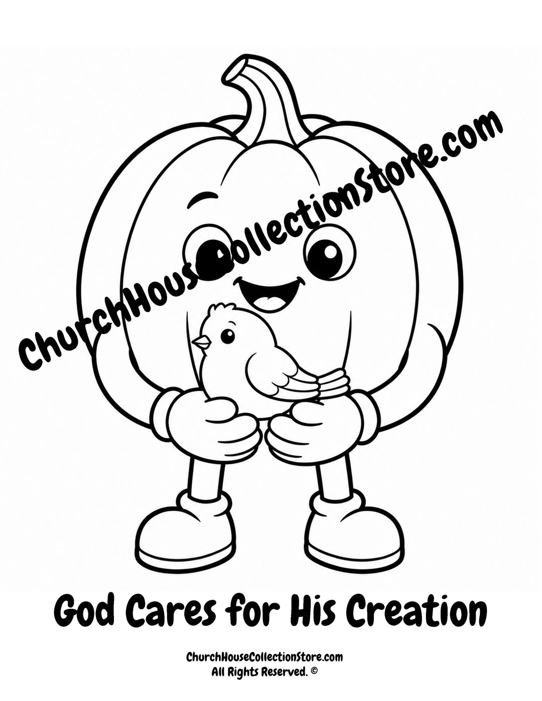 Pumpkin God Cares for His Creation Christian coloring page featuring a smiling pumpkin holding a bird with Matthew 6:26 for preschool kids.