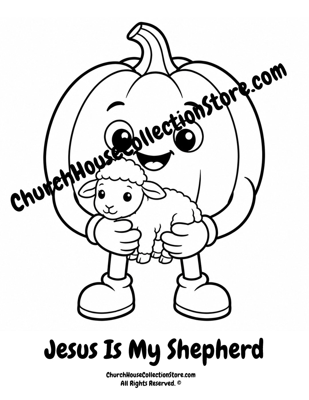 Pumpkin Jesus Is My Shepherd Christian coloring page featuring a smiling pumpkin holding a lamb with Psalm 23:1 for preschool kids.