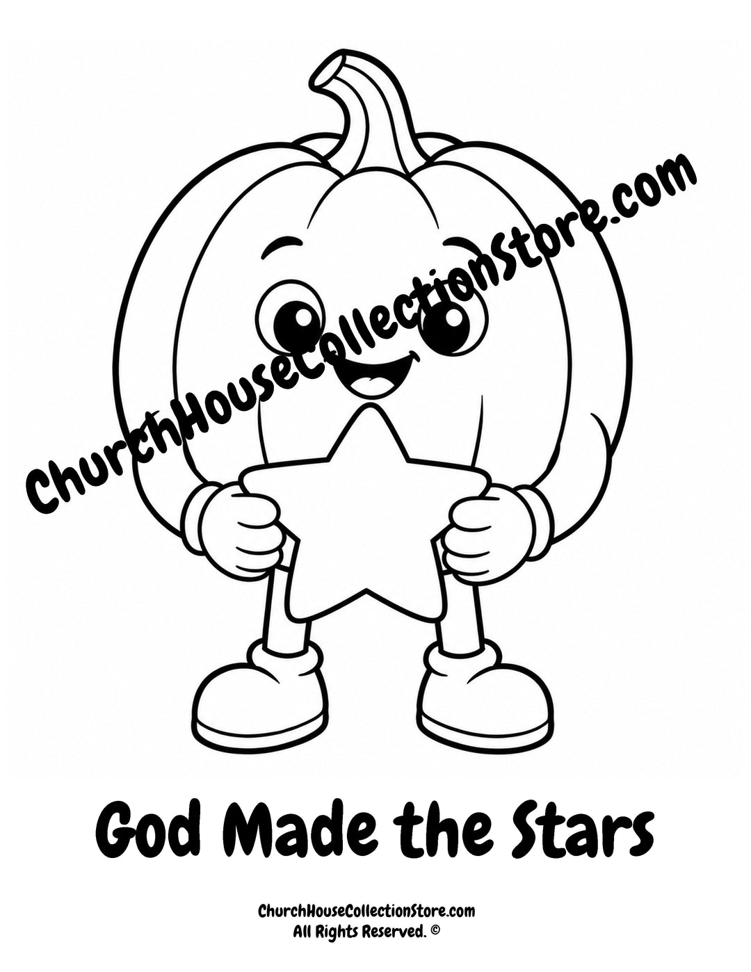 Pumpkin God Made the Stars Christian coloring page featuring a smiling pumpkin holding a star with Genesis 1:16 for preschool kids.