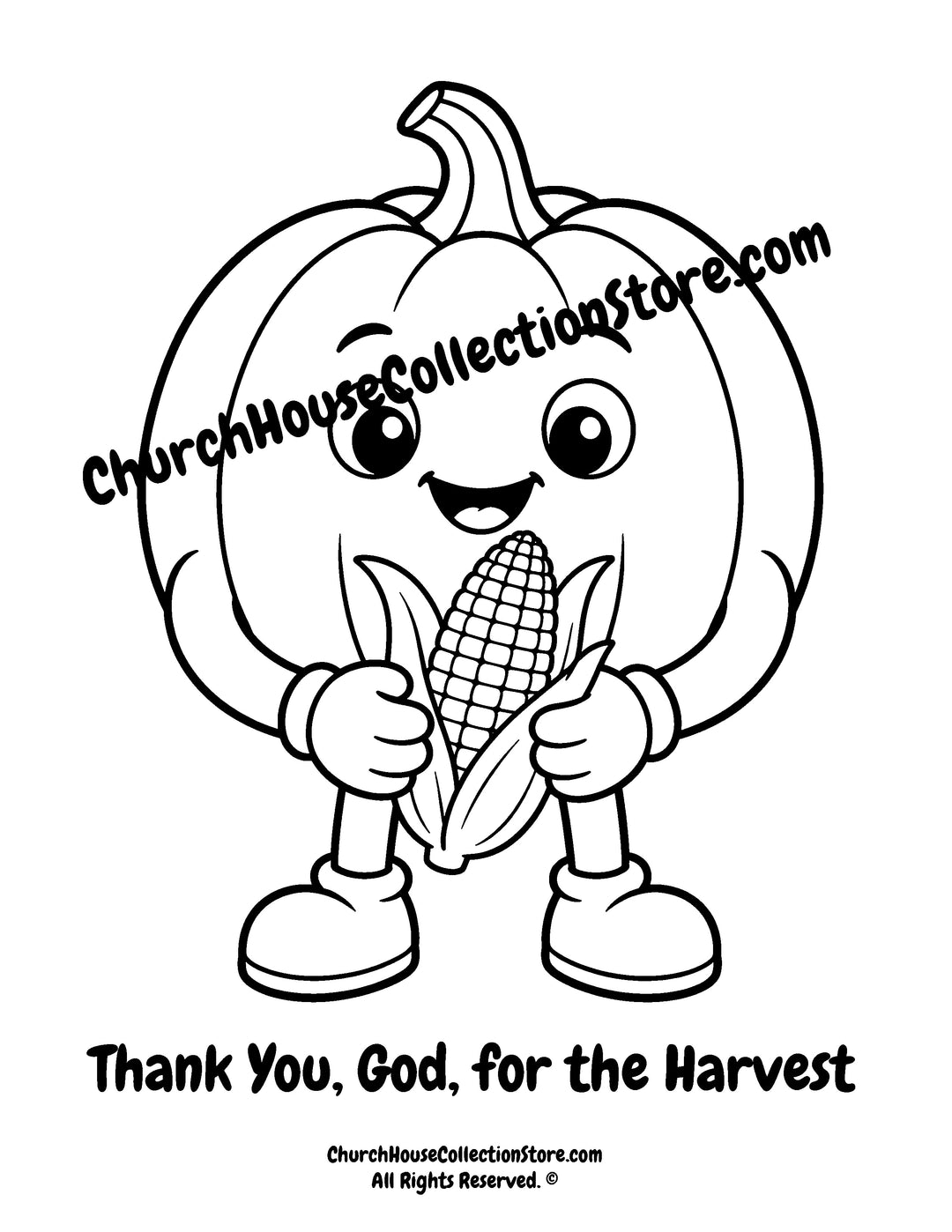 Pumpkin Thank You, God, for Harvest Christian coloring page featuring a smiling pumpkin holding an ear of corn with Psalm 65:11 for preschool kids.