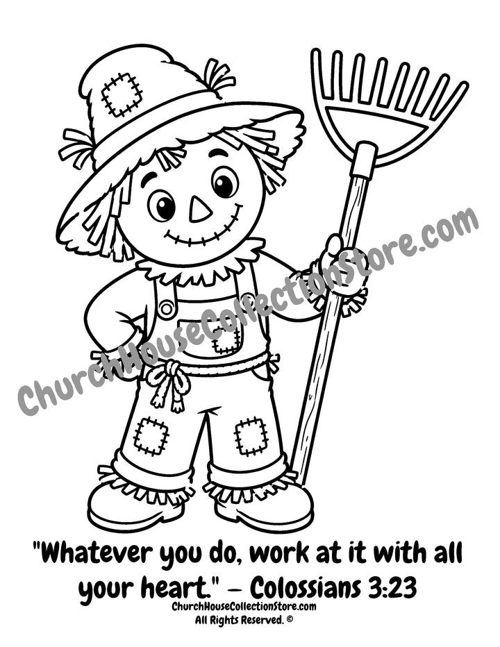 Printable Rusty the Scarecrow rake coloring page featuring Colossians 3:23. Perfect for preschool, Sunday School, homeschool, Thanksgiving, and fall Bible activities.