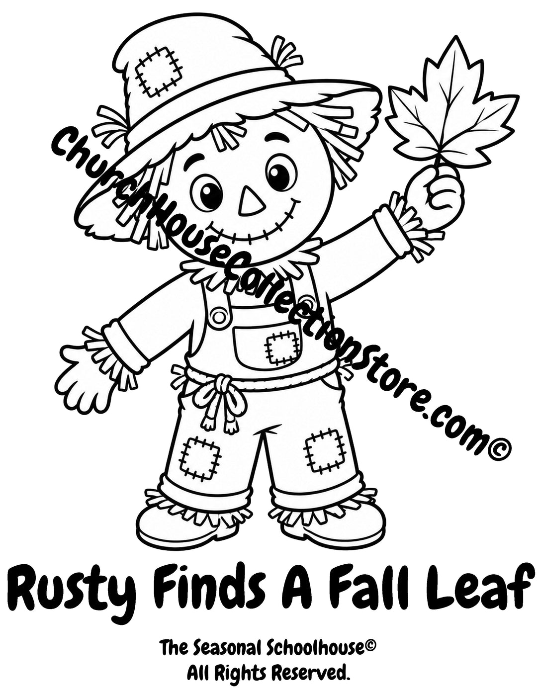 Rusty the Scarecrow holding a fall leaf preschool printable coloring page