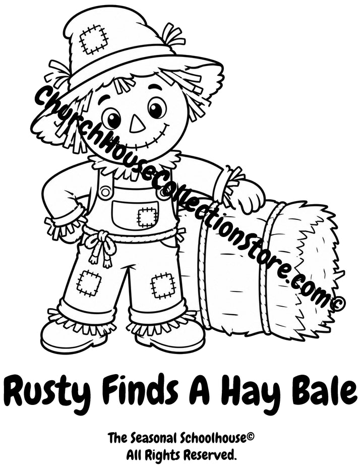 Rusty the Scarecrow finding a hay bale preschool printable coloring page