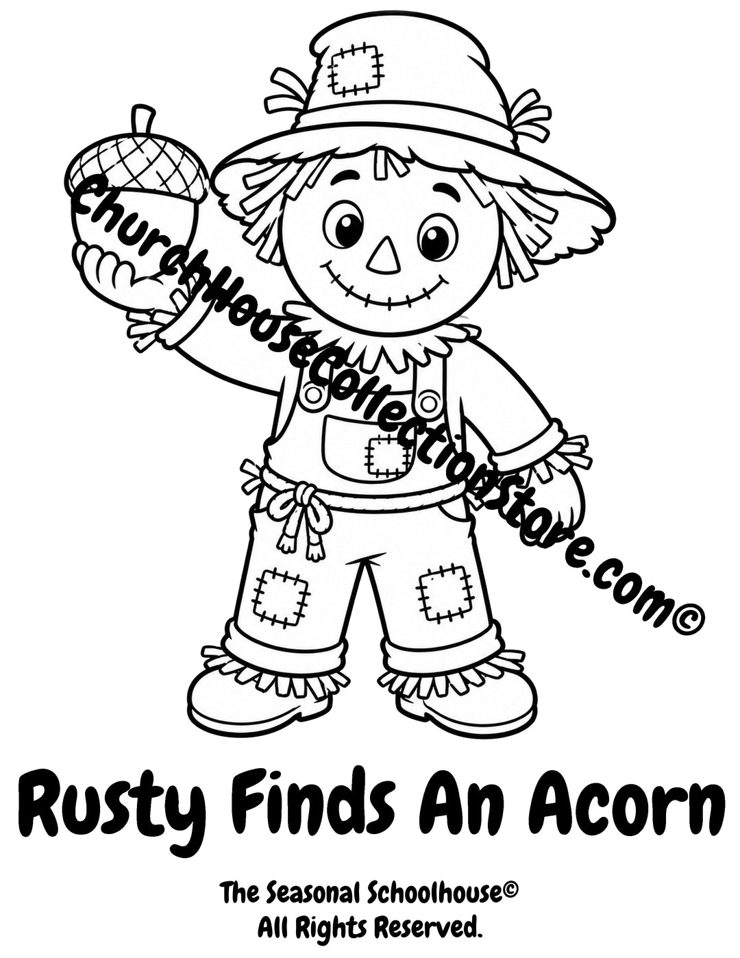 Rusty the Scarecrow holding an acorn preschool printable coloring page