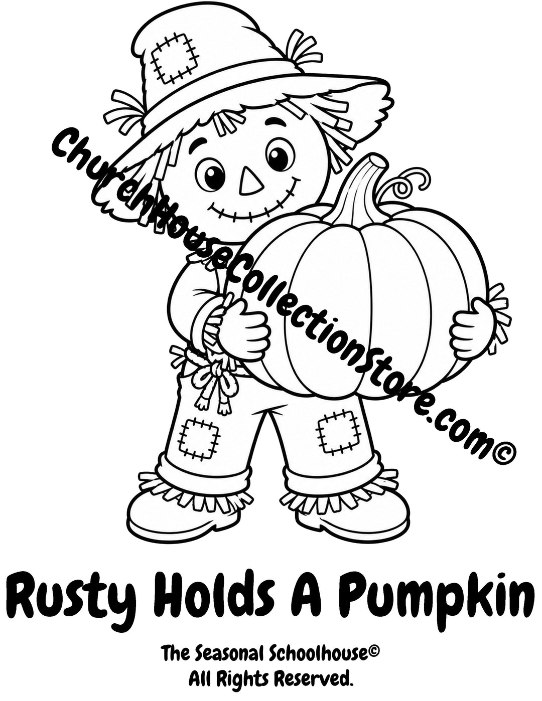 Rusty the Scarecrow holding a pumpkin preschool printable coloring page