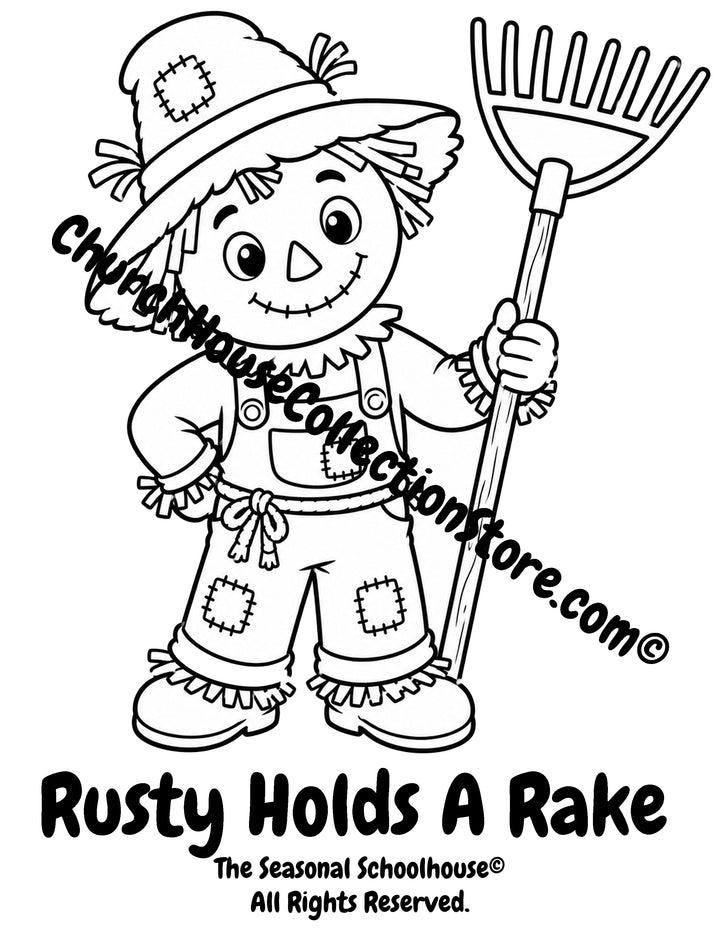 Rusty the Scarecrow holding a rake preschool printable coloring page