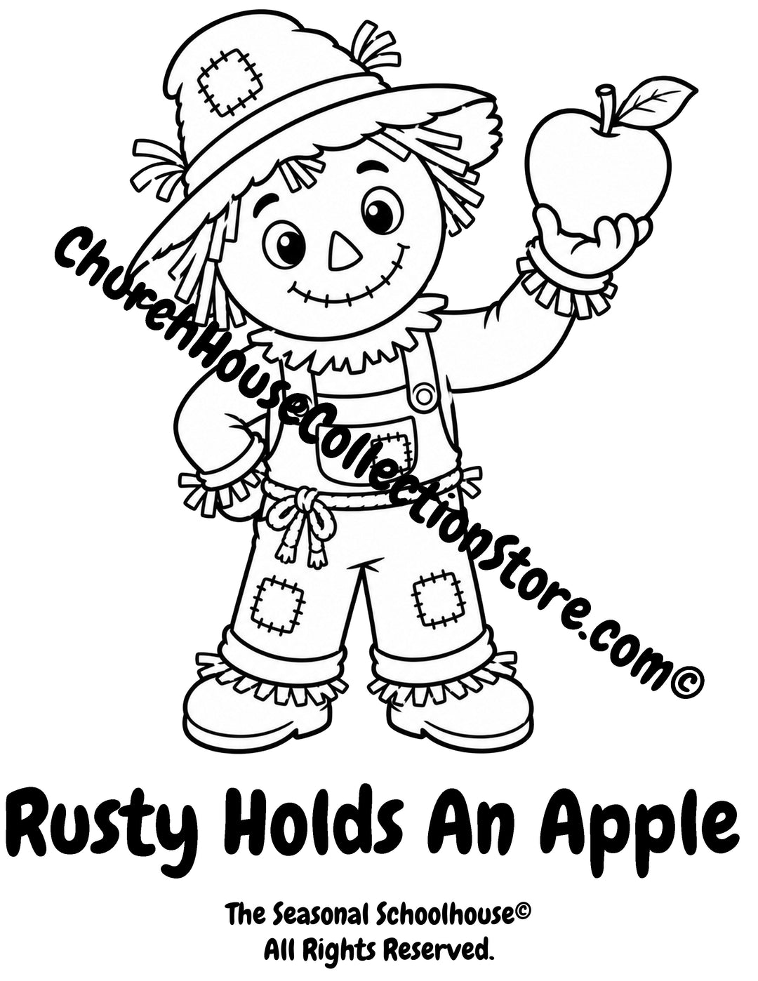 Rusty the Scarecrow holding an apple preschool printable coloring page
