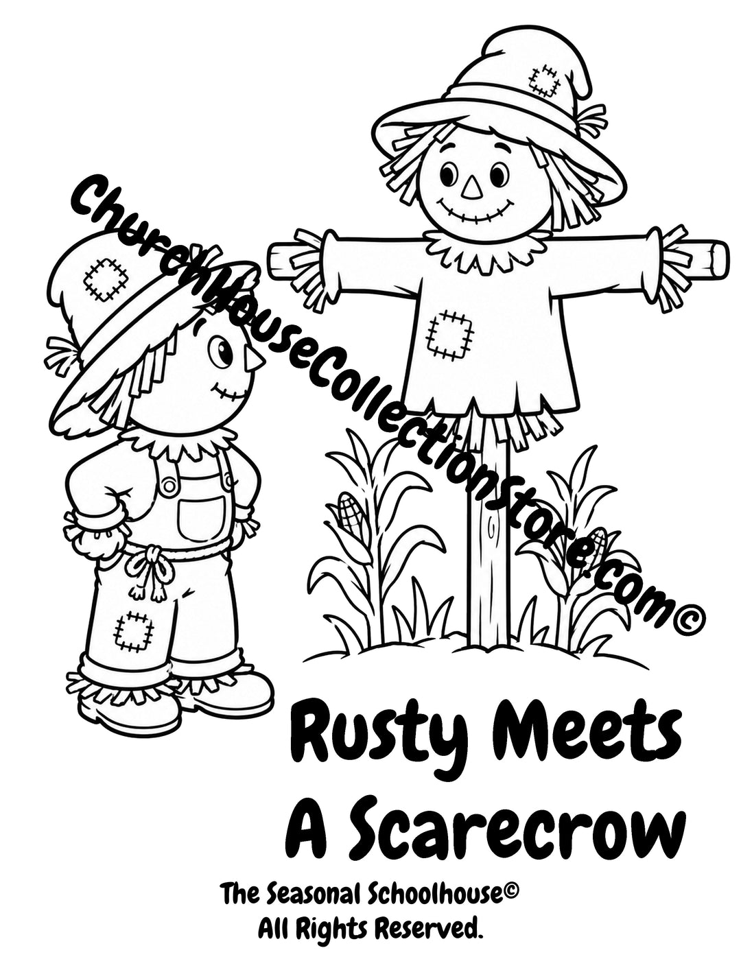 Rusty the Scarecrow meeting another friendly scarecrow preschool printable coloring page