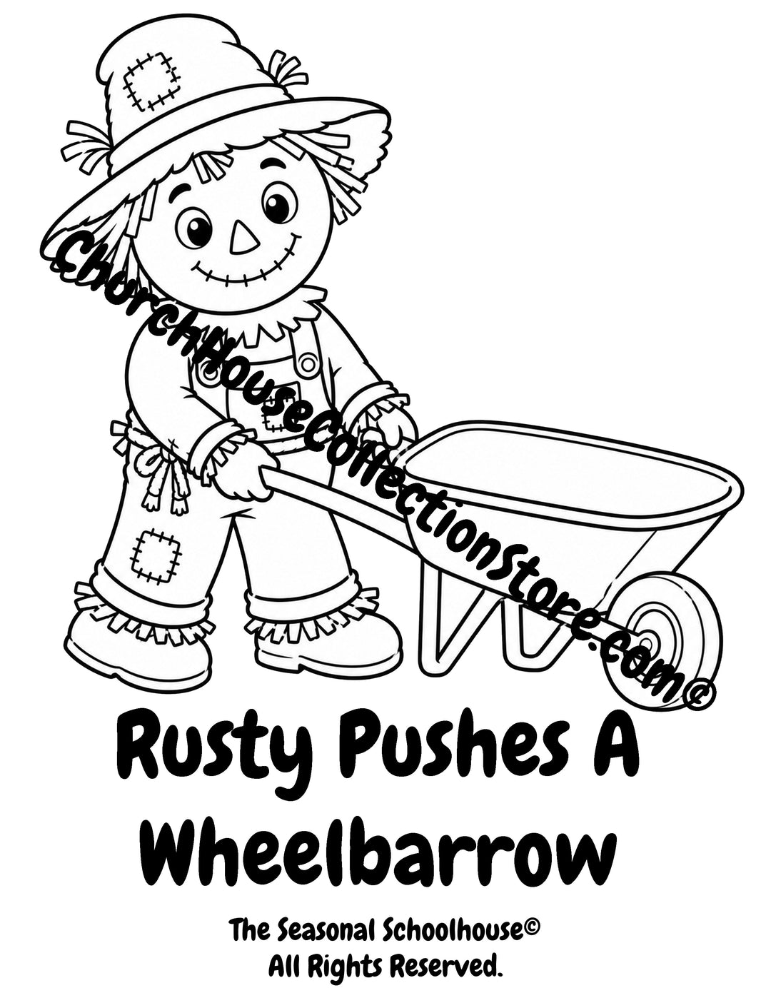 Rusty the Scarecrow pushing a wheelbarrow preschool printable coloring page