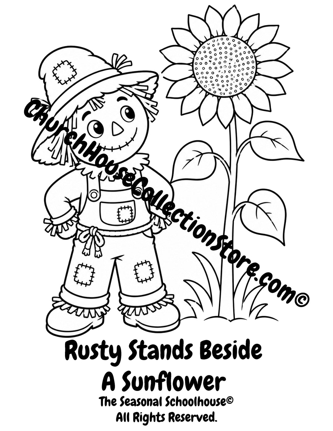 Rusty the Scarecrow standing beside a tall sunflower preschool printable coloring page
