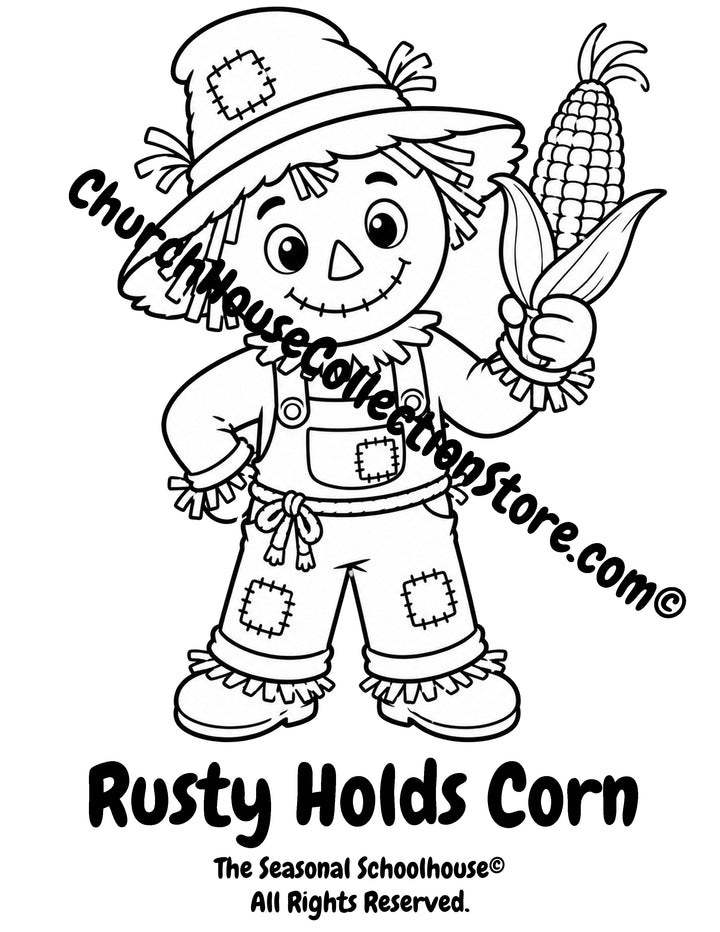 Rusty the Scarecrow holding an ear of corn preschool printable coloring page