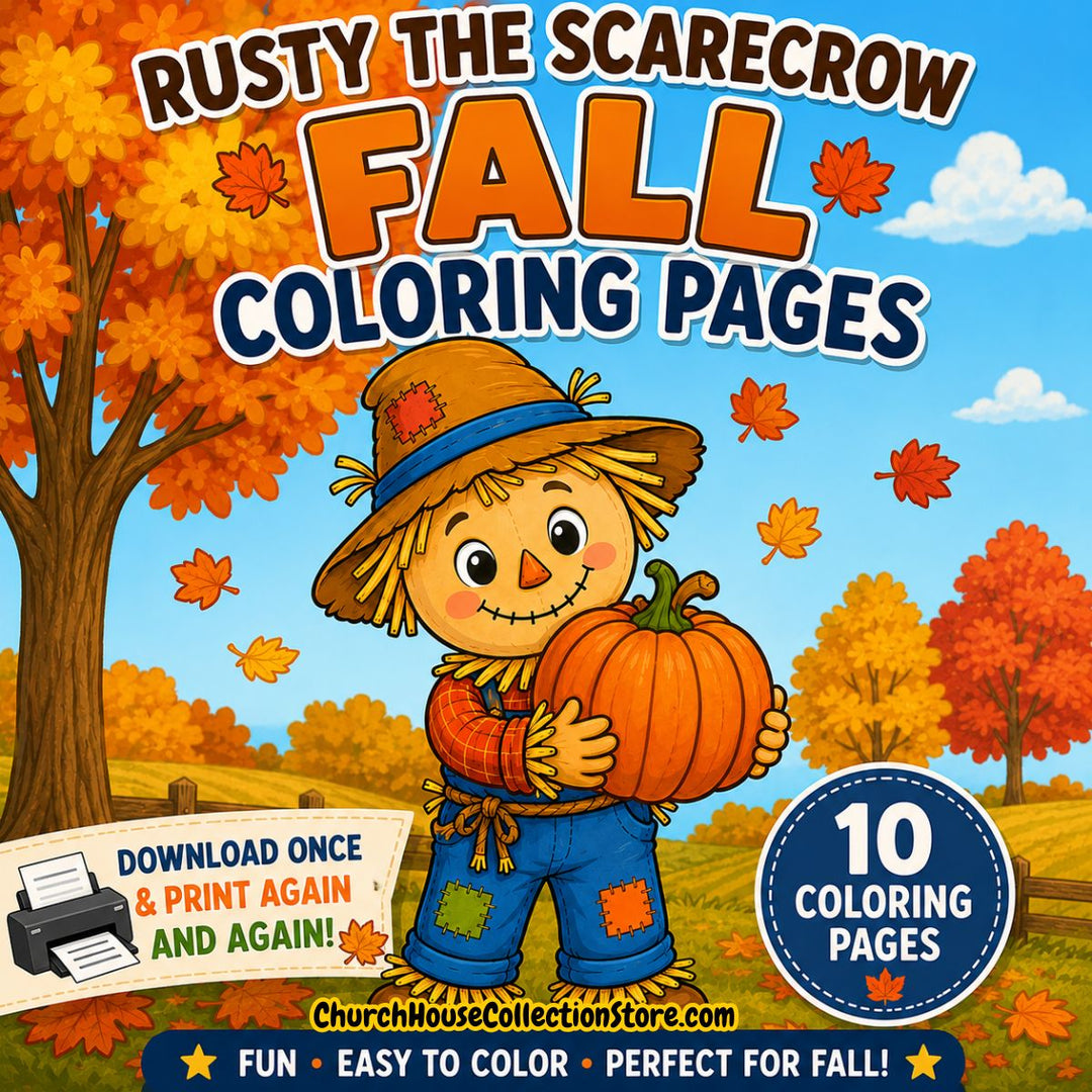 Rusty the Scarecrow Fall Coloring Pages Bundle | 10 Christian Preschool Printables. Scarecrow holding a pumpkin with fall trees.