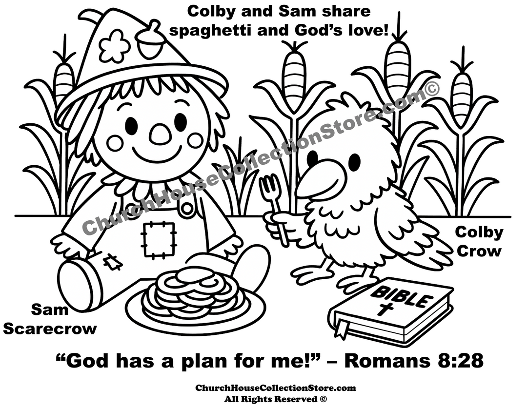 Colby Crow And Scarecrow Sam Free Bible Coloring Page for Sunday school by ChurchHouseCollectionStore.com