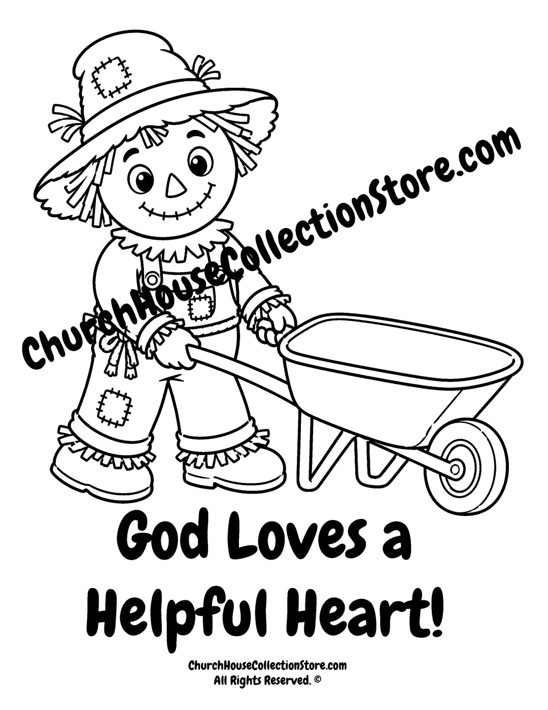 Printable Rusty the Scarecrow "God Loves a Helpful Heart" coloring page for preschoolers. Perfect for Sunday School, homeschool, children&