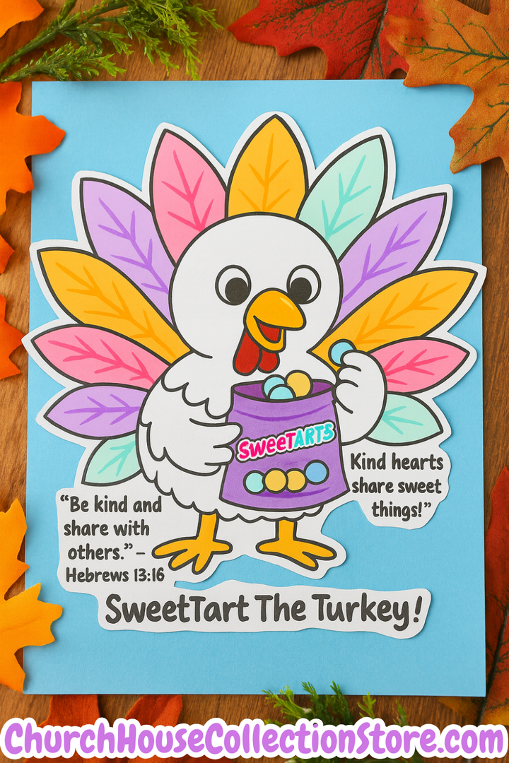 SweetTart the Turkey Cutout Craft Template Printable. Thanksgiving Bible Sunday school Preschool lesson cutout for Children's Church. Free by ChurchHouseCollectionStore.com Be kind and share with others Hebrews 13:16 Kind Hearts Share Sweet Things