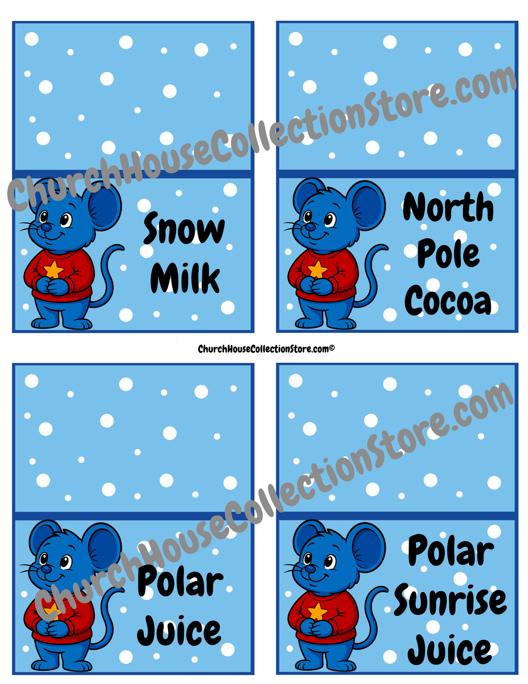 Tim Tom Waffles North Pole Breakfast Food Cards – Printable Set. Snow Milk, North Pole Cocoa, Polar Juice, Polar Sunrise Juice.