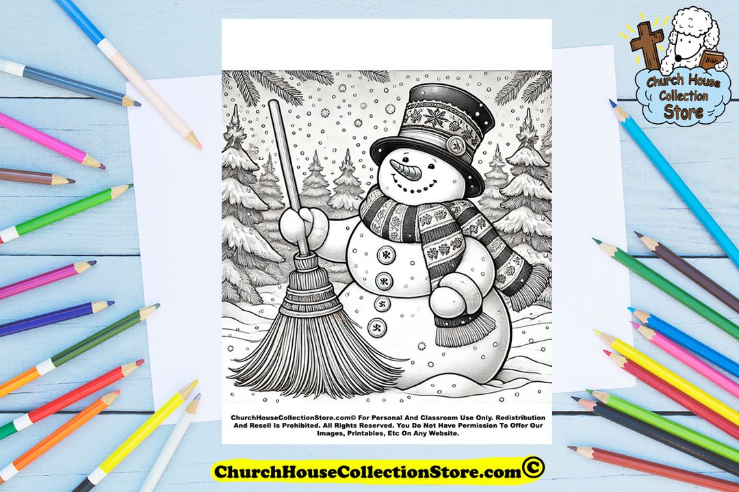 Snowman With Broom Coloring Page by ChurchHouseCollectionStore.com