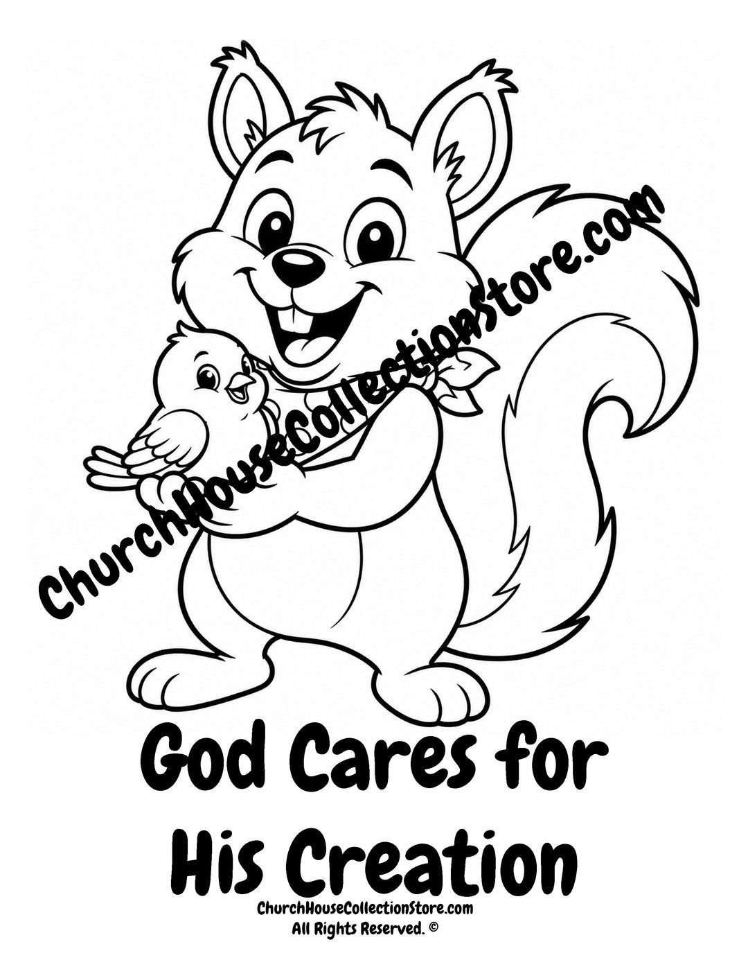 Cute squirrel holding a little bird on a Fall God Cares for His Creation Christian coloring page for kids.