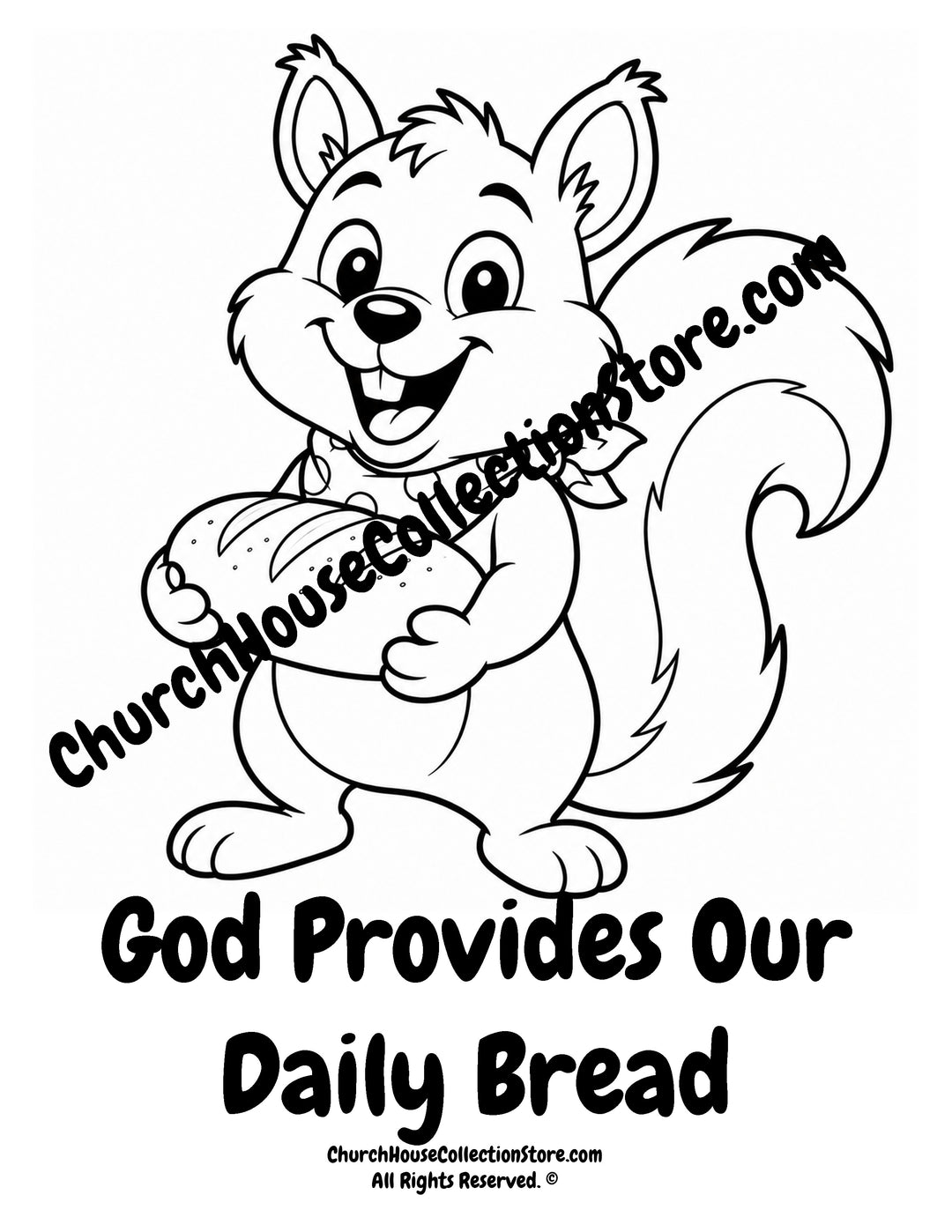 Cute squirrel holding a loaf of bread on a Fall God Provides Our Daily Bread Christian coloring page for kids.