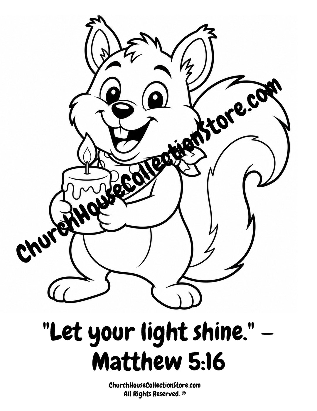 Cute squirrel holding a candle on a Fall Let Your Light Shine Christian coloring page for kids.