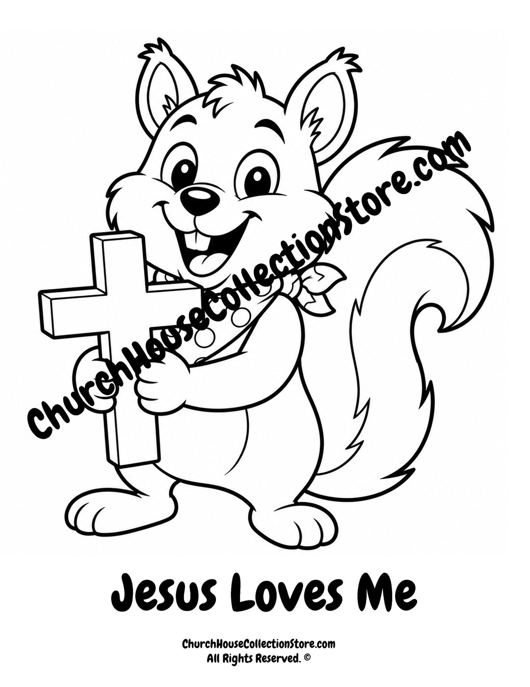 Cute squirrel holding a cross on a Fall Jesus Loves Me Christian coloring page for kids.