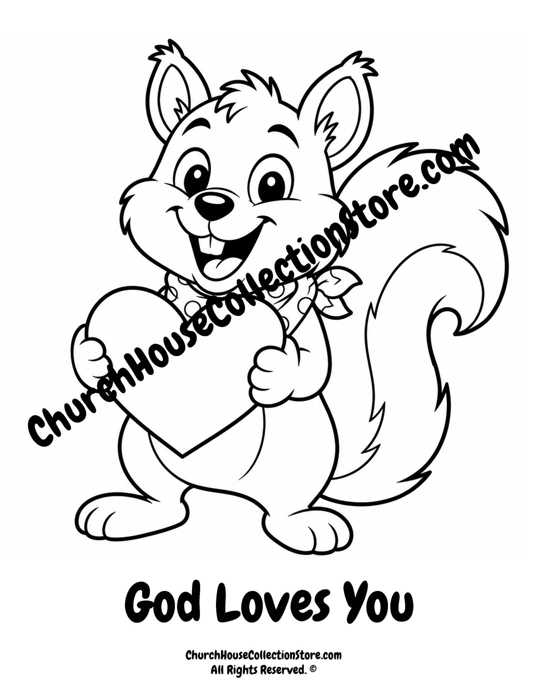 Cute squirrel holding a heart on a Fall God Loves You Christian coloring page for kids.