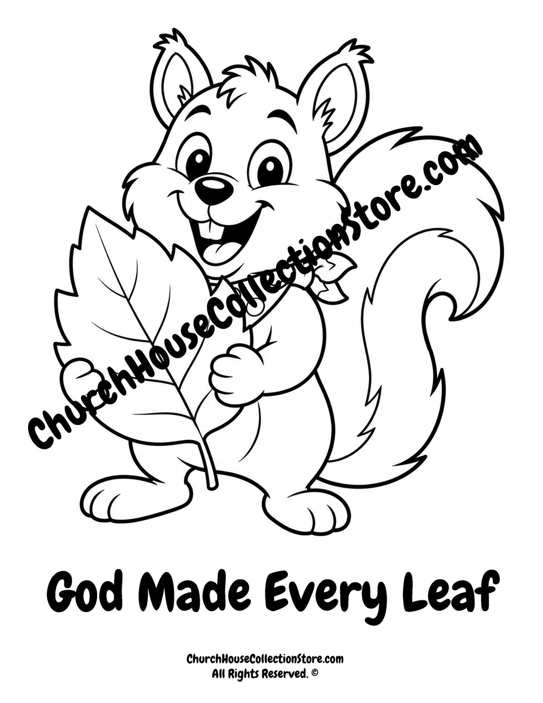 Cute squirrel holding a fall leaf on a God Made Every Leaf Christian coloring page for kids.