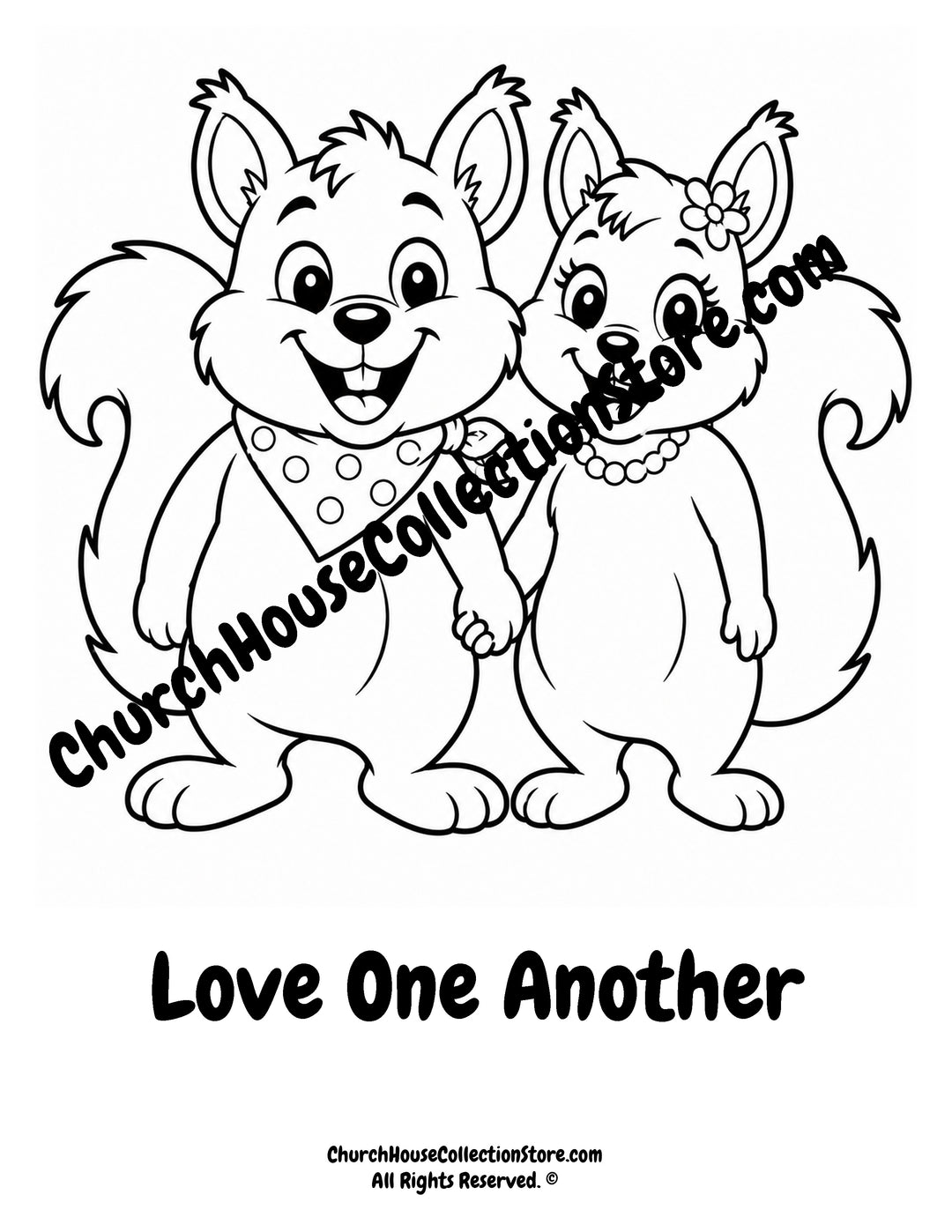 Cute squirrel couple holding hands on a Fall Love One Another Christian coloring page for kids.