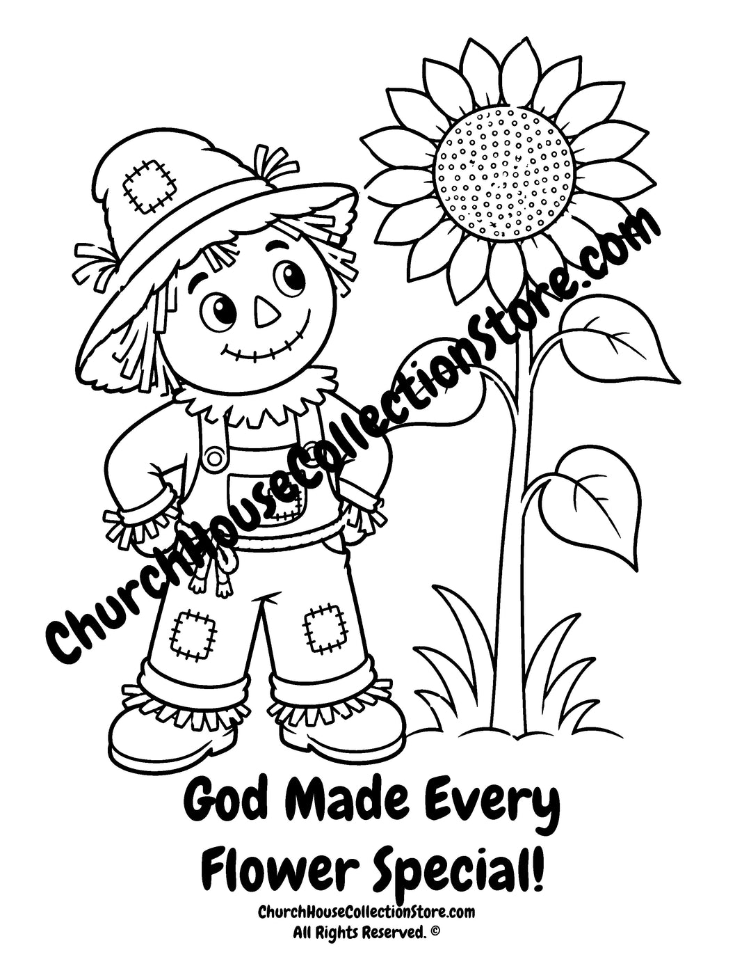 Rusty the Scarecrow standing beside a tall sunflower with the message "God Made Every Flower Special" printable Christian fall coloring page for preschoolers
