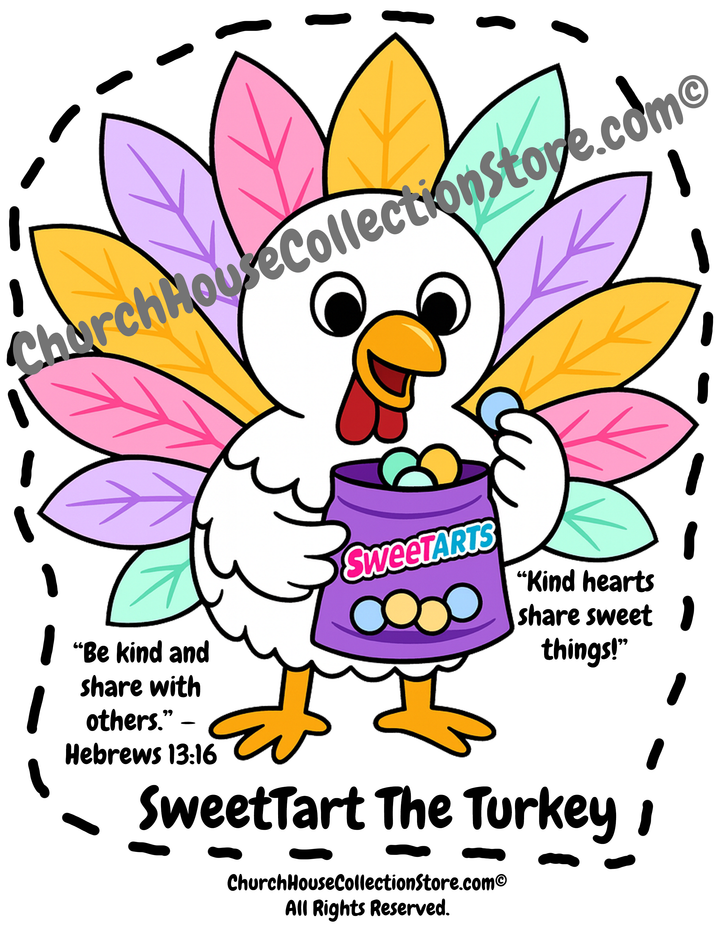 SweetTart the Turkey Cutout Craft Template Printable. Thanksgiving Bible Sunday school Preschool lesson cutout for Children's Church. Free by ChurchHouseCollectionStore.com Be kind and share with others Hebrews 13:16 Kind Hearts Share Sweet Things