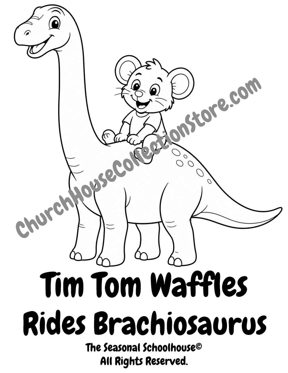 Tim Tom Waffles riding a Brachiosaurus coloring page preschool dinosaur printable