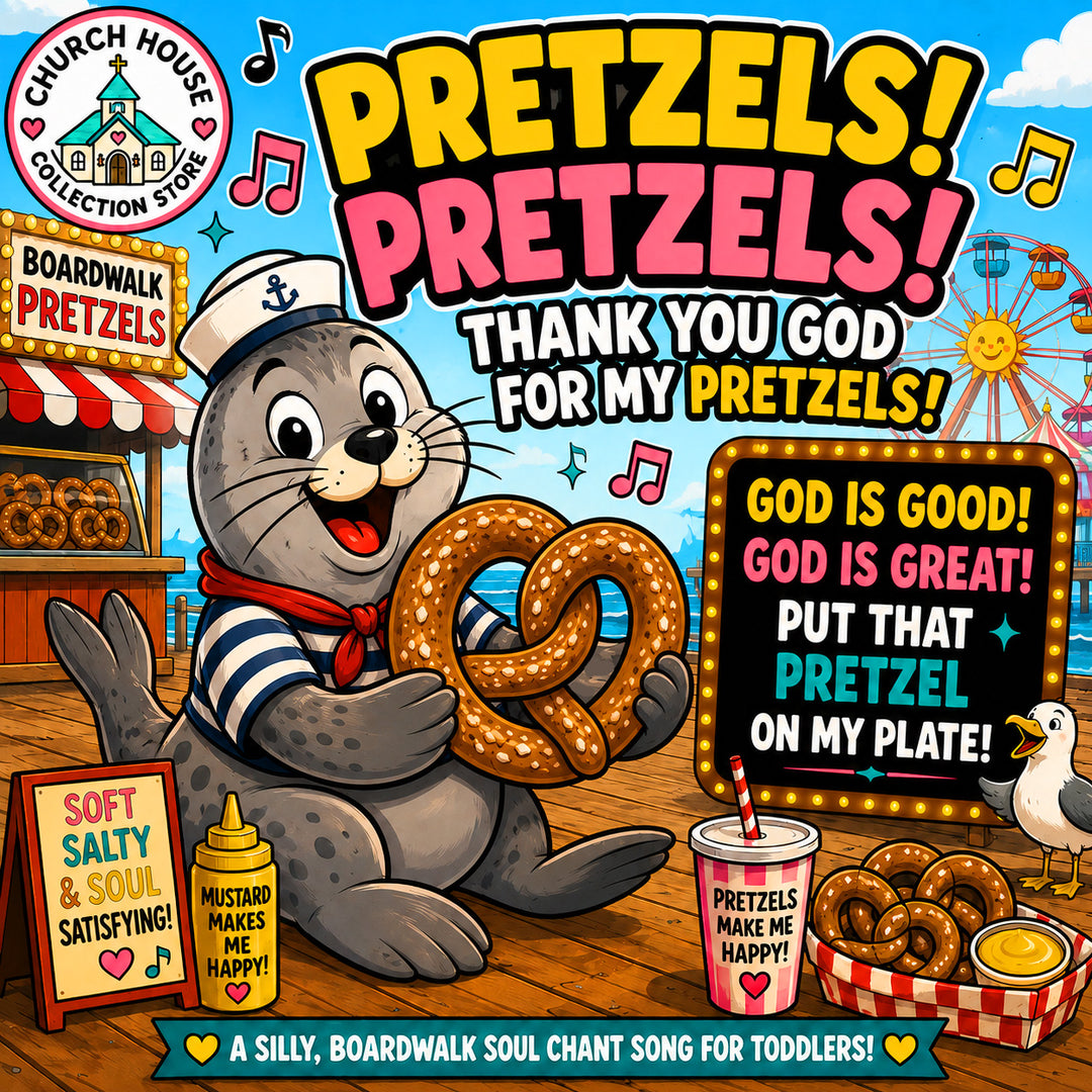 Thank You God For Pretzels Song For Preschool Kids by ChurchHouseCollectionStore.com Seal eating a pretzel on the boardwalk with seagull and beach 