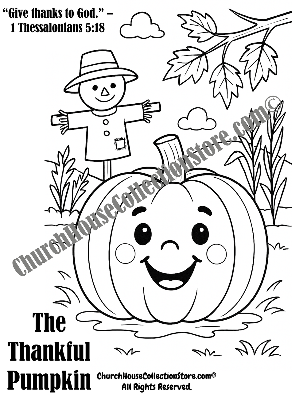  This adorable “Thankful Pumpkin” coloring page is the perfect companion to the fall Bible lesson on gratitude.  Give thanks to God 1 Thess. 5:18 Scarecrow and pumpkin coloring page for Sunday school. Always Free! 