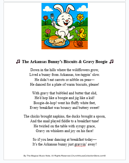 The Arkansas Bunny's Biscuits And Gravy Easter Coloring Page and Toddler Easter Poem Song by The Magical Music Note On ChurchHouseCollectionStore.com