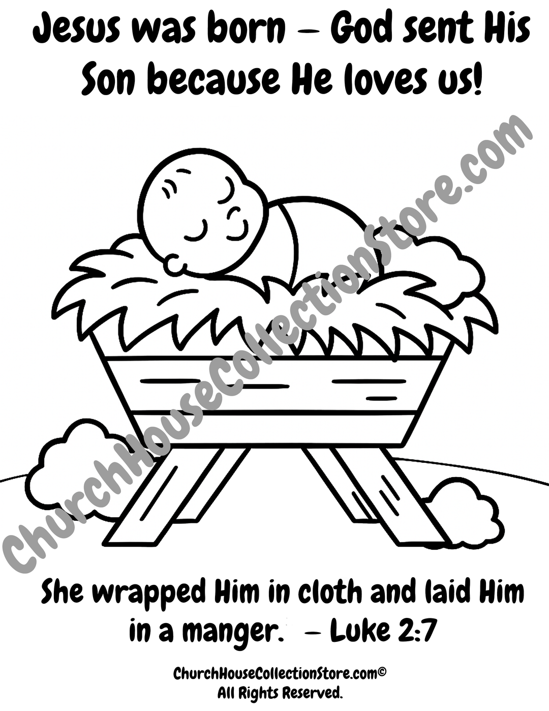 The Birth of Baby Jesus Christmas Nativity Coloring Page. Free Jesus Was Born In Bethlehem Coloring Pages by ChurchHouseCollectionStore.com. Christmas.