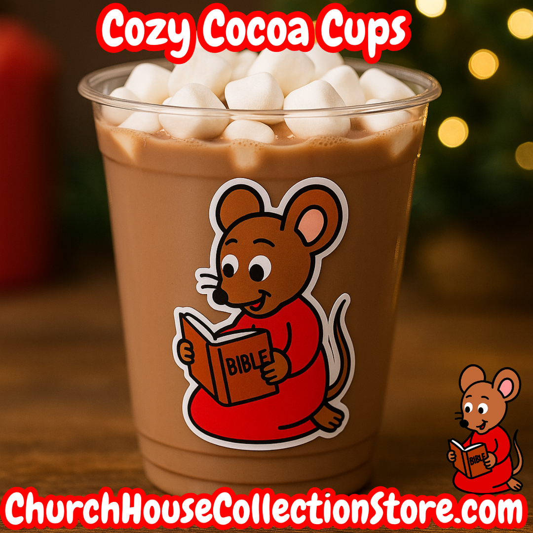 Free printable Christmas Bible craft for preschoolers! Use the Mama Mouse Bible sticker cutouts for cocoa cups or cupcakes while teaching The Mouse Family’s Christmas Glow. Mouse in red nightgown reading bible.