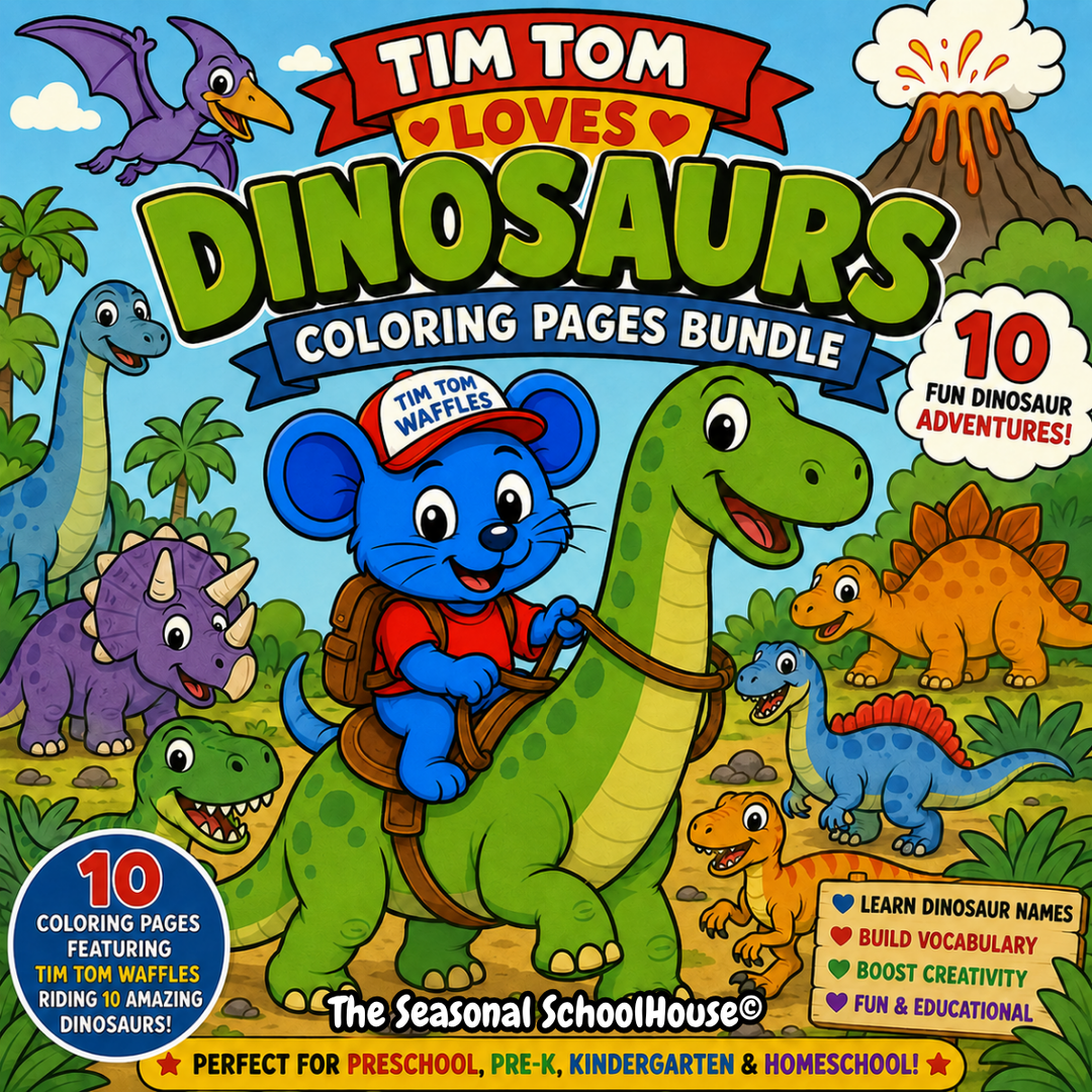 Tim Tom Loves Dinosaurs coloring pages bundle with Tim Tom Waffles riding dinosaurs