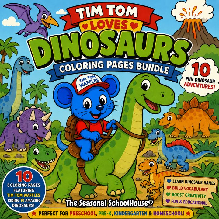 Tim Tom Loves Dinosaurs coloring pages bundle with Tim Tom Waffles riding dinosaurs