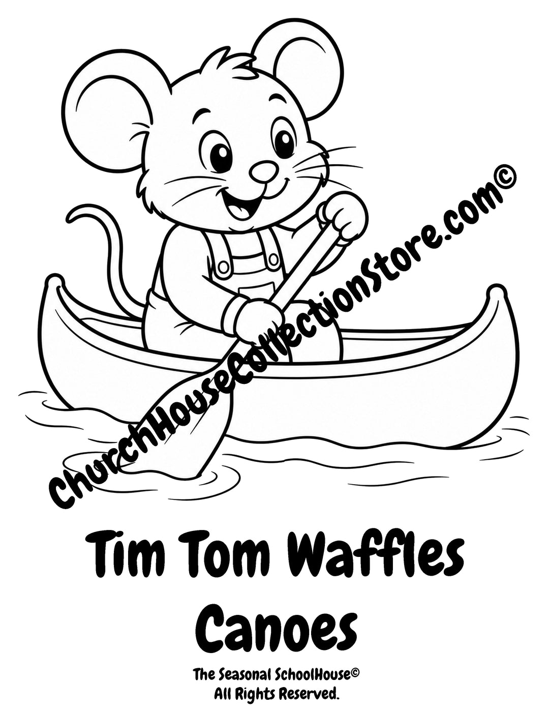 Tim Tom Waffles paddling a canoe preschool printable coloring page
